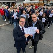 Mike Wood MP and Phil Hall with the petition, with Cllr Ed Lawrence and residents on the Charterfields estate in Kingswinford, who are objecting to proposals by BRSK to site telegraph poles in their area for the roll out of full fibre broadband