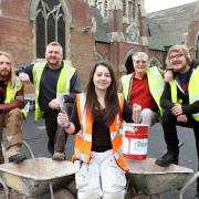 Construction course students Alan Jones, Beth Yates, and Sean Walsh, of Stourbridge College, who were on work placement during the project, with Andrew Hutchings, of Croft Building and Conservation, and John Woodall, of West Midlands Historic Buildings