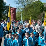 Youngsters and adult volunteers from the Stourbridge and District Scouts during their St George’s Day parade at Mary Stevens Park. Photo: West Mercia Scouts