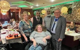 Ceri Davies from More Mascots Please,with Deputy Mayor of Dudley Susan Greenway, Handu and Fazlu Miah from IndiLuxe and the Mayor's consort Desmond Greenway at the fundraiser.