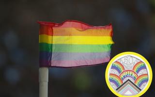 (Background) Pride flag. (PA) (Circle) 50p coin to mark 50 years of Pride. ( Royal Mint)