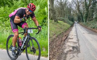 Cyclist Paul Hughes, left, and the pothole ridden stretch of Sugar Loaf Lane