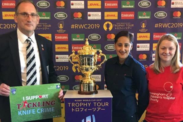L-r - Robin Edwards, chairman at Stourbridge Rugby Club, with Halima Khan, founder of Opening Boundaries, and Gemma Hooley from Birmingham Children's Hospital.